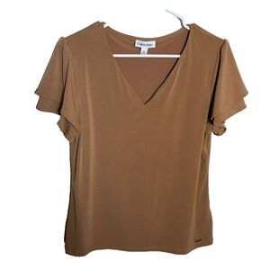 Calvin Klein Blouse Women's Medium Brown V-Neck Short Sleeve Ruffle Career Top